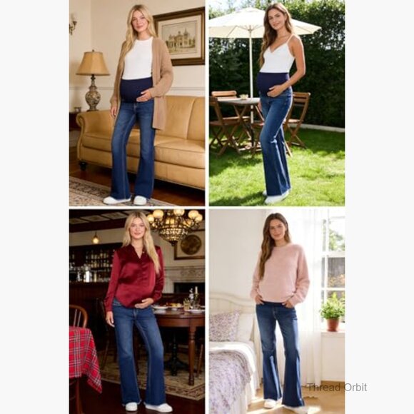 Maternity Flare Jeans Over Belly Panel Comfy Pregnancy Denim Pants - Picture 4 of 7